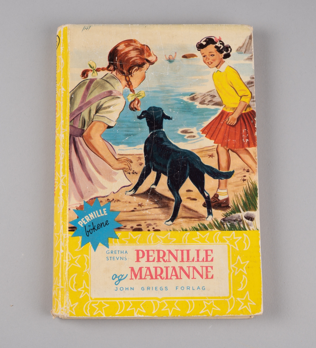 En Pernille-bok med hardt omslåg. Den er gul og viser et bilde med to jenter på stranden med en svart hund som ser mot en person i vannet.