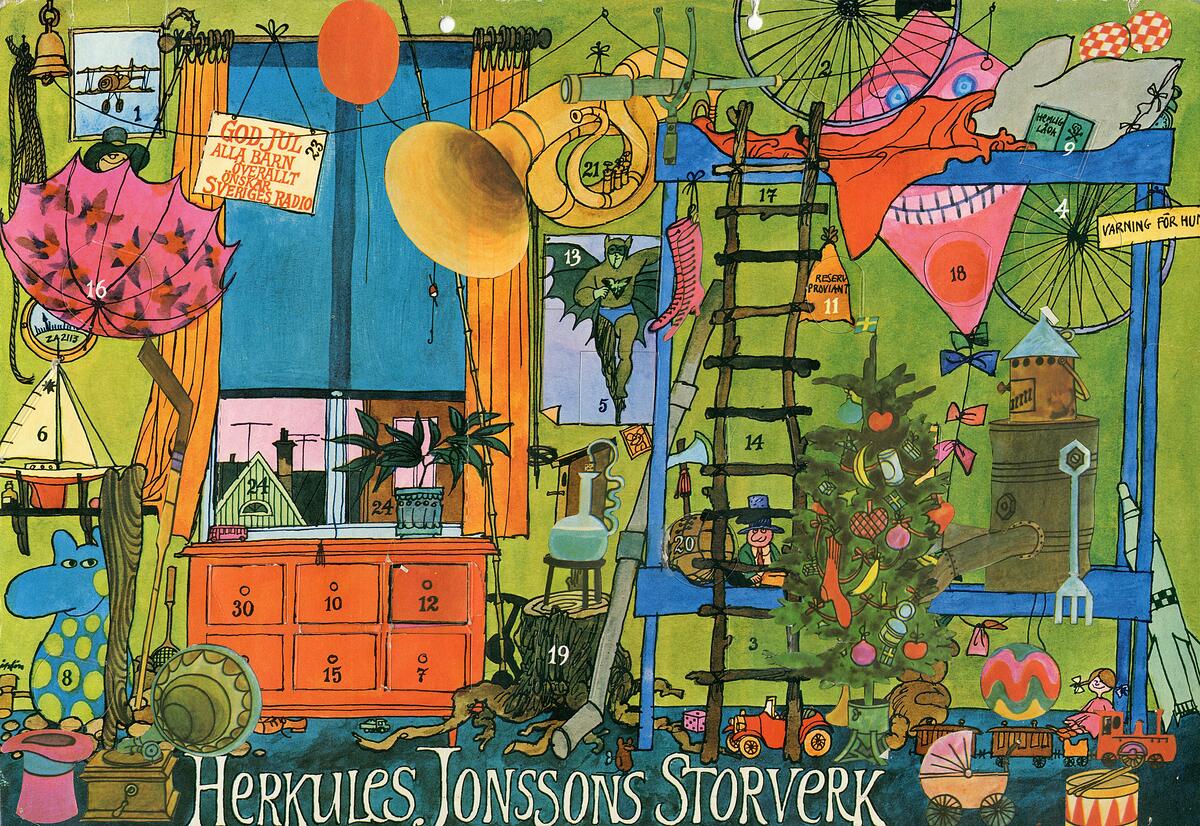 Sveriges Radios adventskalender för 1969 "Herkules Jonssons storverk"motiv: ett sovrum "pojkrum", där klistermärken klistrats in avsnitt för avsnitt och fyllt rummet med saker. Alla luckor intakta. Tecknad av Per Åhlin, signerad i högra kanten. Detta var den första julkalendern som sändes i färg på TV. Längs nederkanten "HERKULES JONSSONS STORVERK", i rummets fönster en skylt "GOD JUL ALLA BARN ÖVERALLT ÖNSKAR SVERIGES RADIO"