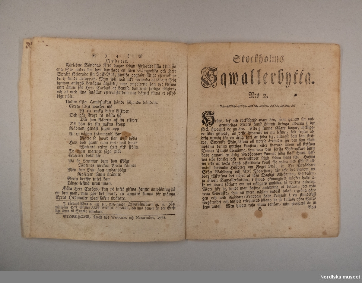 Tidning. Stockholms Sqwallerbytta N:o 1 och 2. Tryckt hos Wennberg och Nordström år 1772.