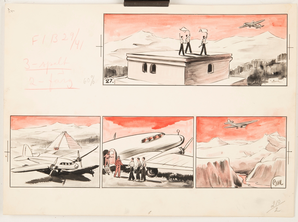 Sida ur den tecknade serien om när Flygkamraterna åker till Inkariket och är med om flera spännande äventyr. I de sista delarna hittar de en skatt med en magisk kula.
Varje sida är uppbyggd av 4-8 bildrutor med teckningar i svart, vitt och rött. Stilen är enklare och bilderna mer avskalade än de senare delarna av serien om flygkamraterna.