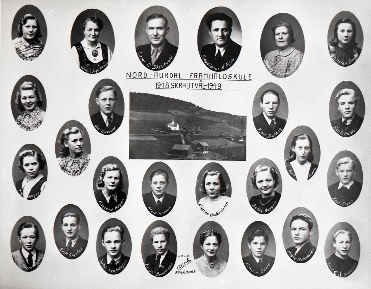 Nord-Aurdal Framhaldskule, Skrautvål, 1948-1949. Namn på bildet.