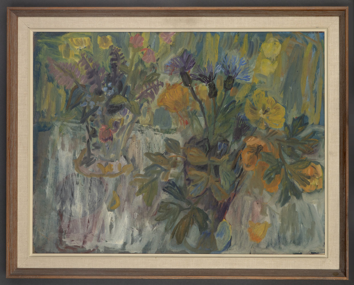 Gule og blå blomster. 1955. [Oljemaleri]