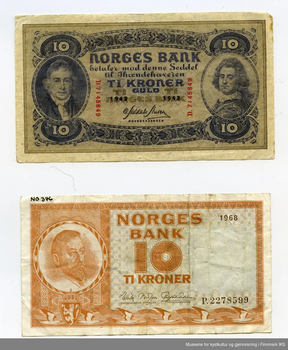 Norske pengesedler: 3 stk 10 kr  guld (1939, 1940 og 1943) ,1 stk  5 kr guld (1939) og 1 stk 10kr 1968