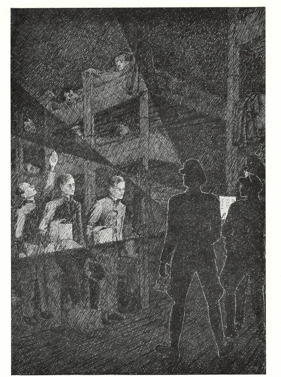 Tegning tegnet av Odd Nansen. Ryggen til to fangevoktere står i forgrunnen, de lyser med lommelykt på fanger i en brakke.