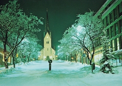 Postkort, Hamar domkirke, Kirkegata 14, vinter,