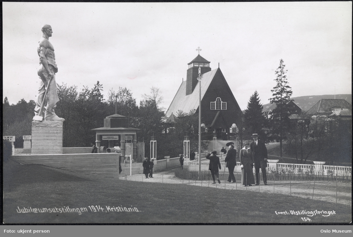 Jubileumsutstillingen 1914, skulptur, mennesker, bro, kirkeavdelingen, kapell, Kirkens hus
