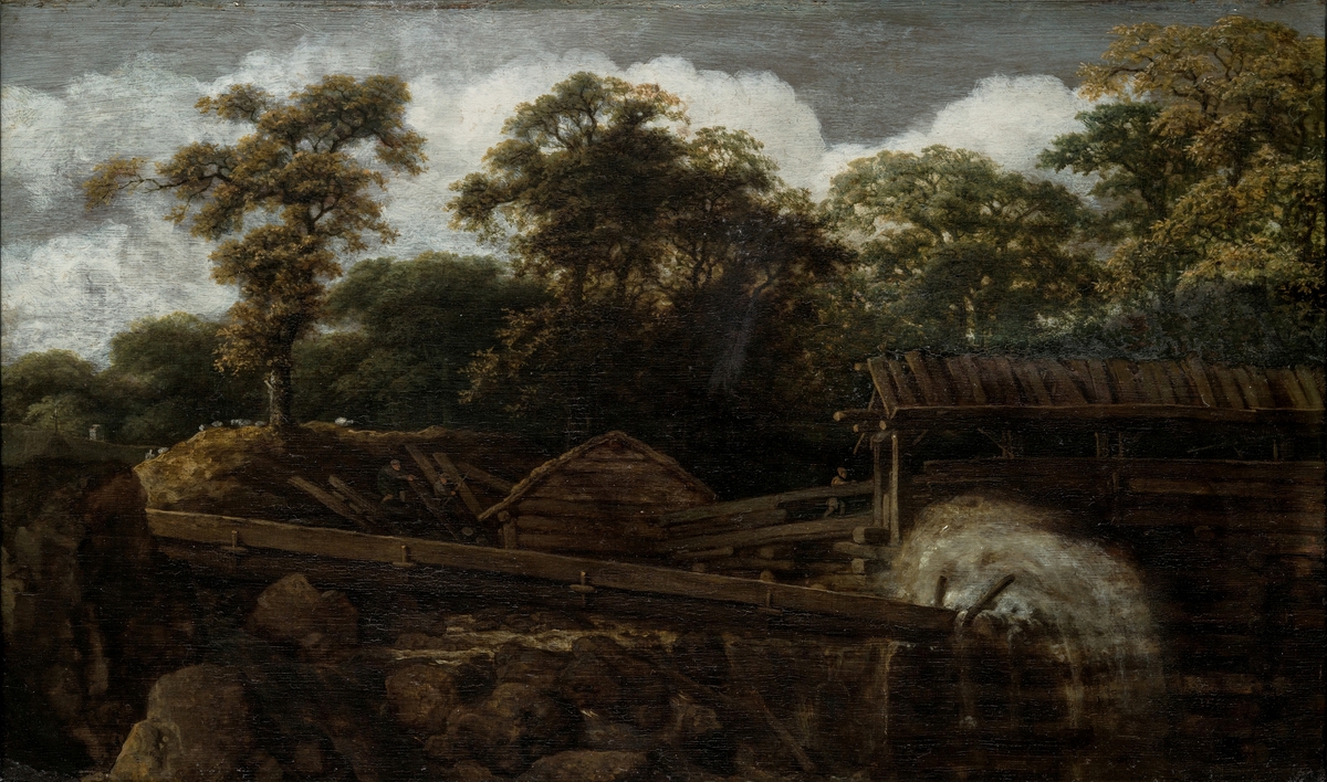 Landskap med vannsag. Trær i bakgrunnen. Vannsagen til høyre på bildet. To menn arbeider på tømmerstokker, en tredje mann til høyre på maleriet. Lite hus til venstre på maleriet. Motivet kan være fra Bohuslen traktene da det er kjent at han var på disse kanter i 1644.