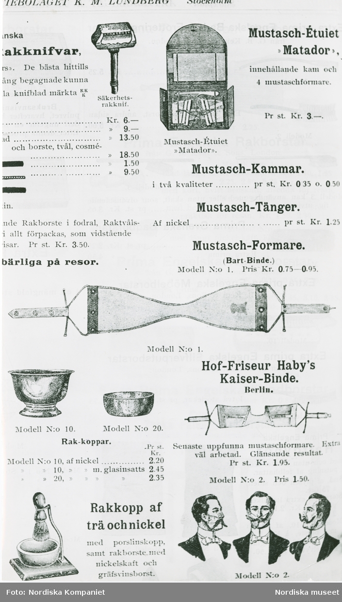 Avfotograferad katalogsida med rakdon, mustaschkammar och mustaschformare. Nordiska Kompaniet. Text med blyerts på baksidan: "K.M. Lundberg Katalog 1901"