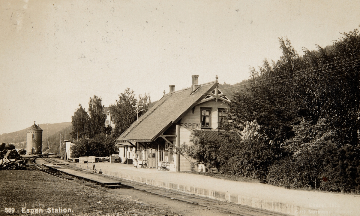 Postkort, Stange, Espa stasjon, fra 1880 Espen stasjon, etter 1922 Espa stasjon, stasjonsbygning, jernbanestasjon, vanntårn, jernbanespor,