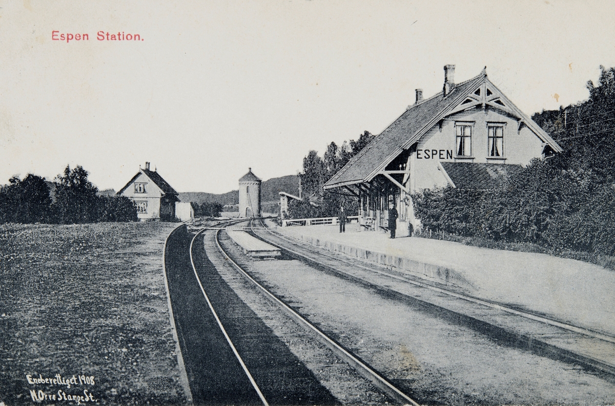 Postkort, Stange, Espa stasjon, fra 1880 Espen stasjon, etter 1922 Espa stasjon, stasjonsbygning, jernbanestasjon, jernbanespor, huset til venstre bolig for jernbaneansatte, vanntårn, ansatte i uniform på perrongen,