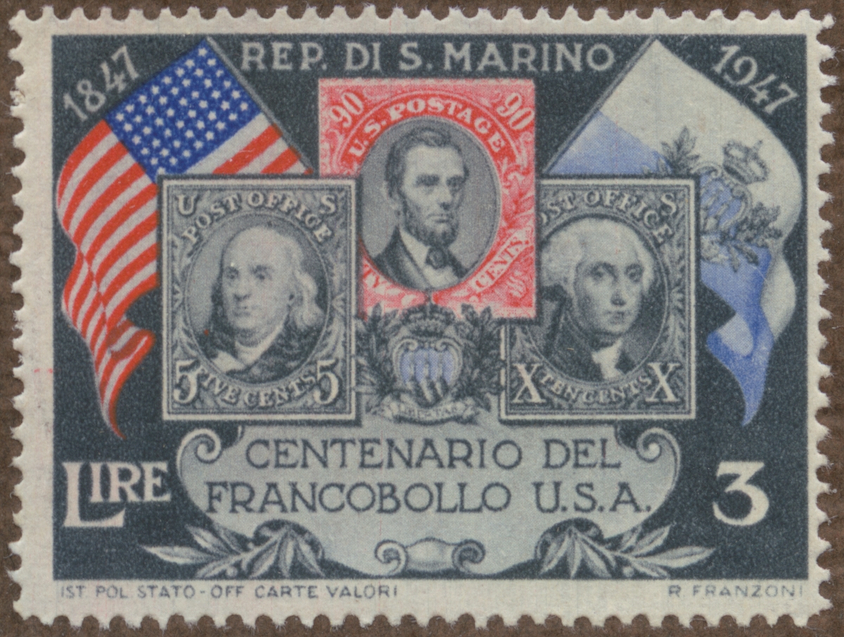 Frimärke ur Gösta Bodmans filatelistiska motivsamling, påbörjad 1950.
Frimärke från San Marino, 1947. Motiv av Tre gamla U.S.A. märken U.S.A. flagga och San Marino flagga "-USA:s frimärken 100 år 1847-1947."
