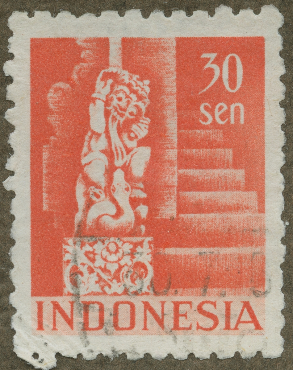 Frimärke ur Gösta Bodmans filatelistiska motivsamling, påbörjad 1950.
Frimärke från Indonesien, 1949. Motiv av Indonesisk gudaskulptur