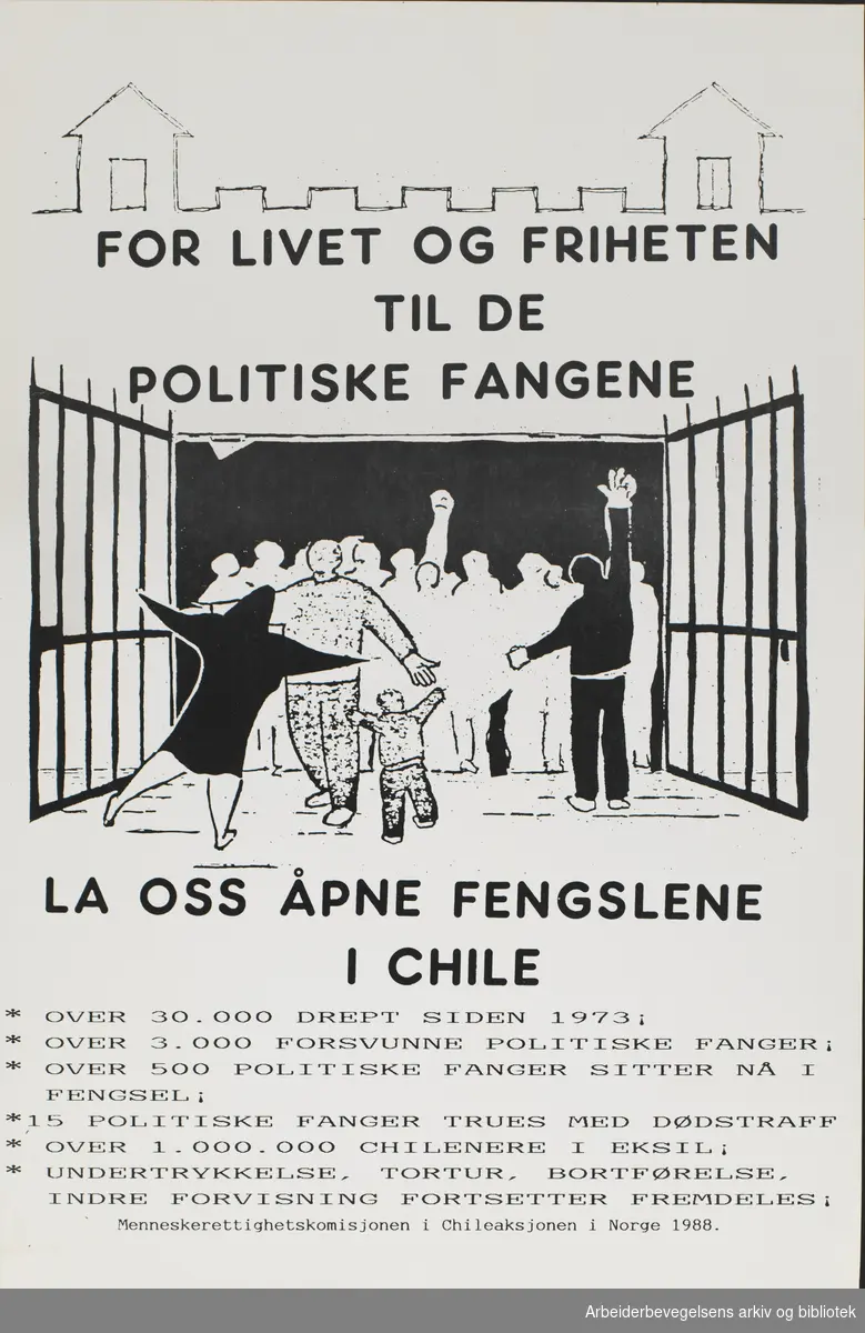 Plakat Chileaksjonen. For livet og friheten til de politiske fangene. La oss åpne fengslene i Chile. Menneskerettighetskommisjonen i Chileaksjonen i Norge 1988.