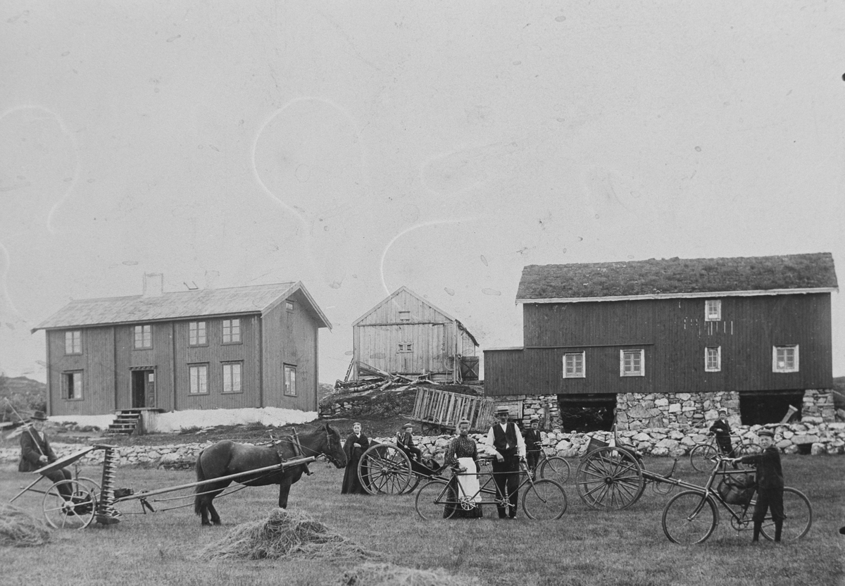 Høyonn i Grindvika, gårdsbygningser i bakgrunnen, folk oppstillt foran gården.
