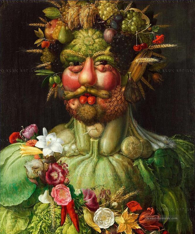 Maleri av mann sammensatt av mange ulike typer grønnsaker.