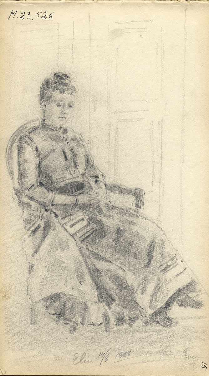 Skiss, blyerts. Föreställer en kvinna i höghalsad klänning som sitter i en karmstol.
Midjebild, profil.

Inskrivet i huvudbok 1975.
