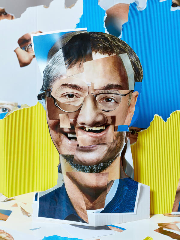 Collage med fargene blått, gult og hvitt i bakgrunnen. Foran bilde av en person laget som collage.