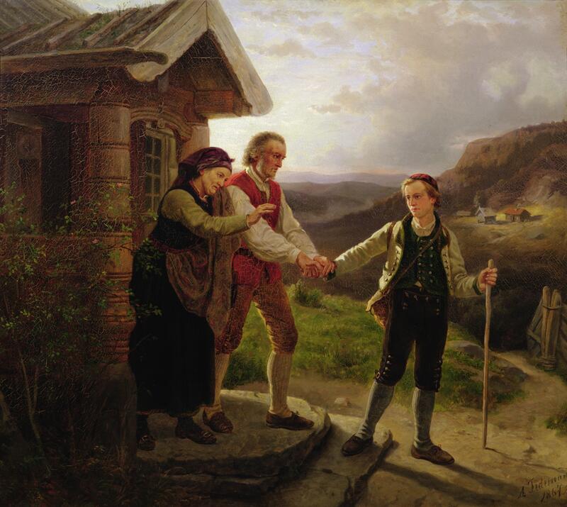 Maleri av Adolph Tidemand, "Den yngste sønnens farvel", 1867.