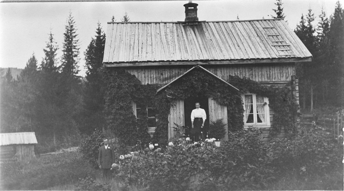 Et par ved et hus med velstelt hage. Angivelig en husmannsplass i Eggedal. Omkring 1910.