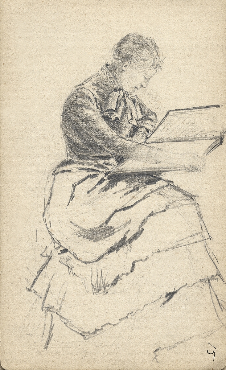 Skiss, blyerts. En kvinna sitter och studerar en stor bok.
Helfigur, profil.

Inskrivet i huvudbok 1975.