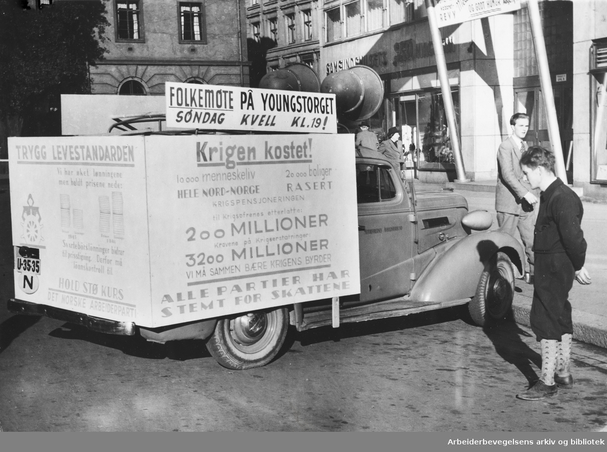 Arbeiderpartiets valgbil. Arbeidersamfundets plass. Kommunevalget 1947.