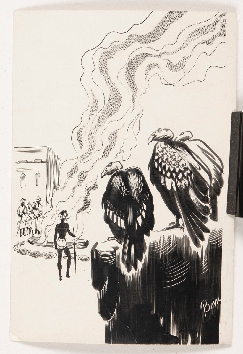 Illustrationer till Per Westerlunds bok "Tjuvpojken som blev maharaja", 1940;1942.

I bildens förgrund sitter två gamar på ett bergliknande objekt. De tittar bort mot en grupp människor som eldar. Det ryker mycket från elden. I bakgrunden skymtar en byggnad.

På bildens baksida finns text.