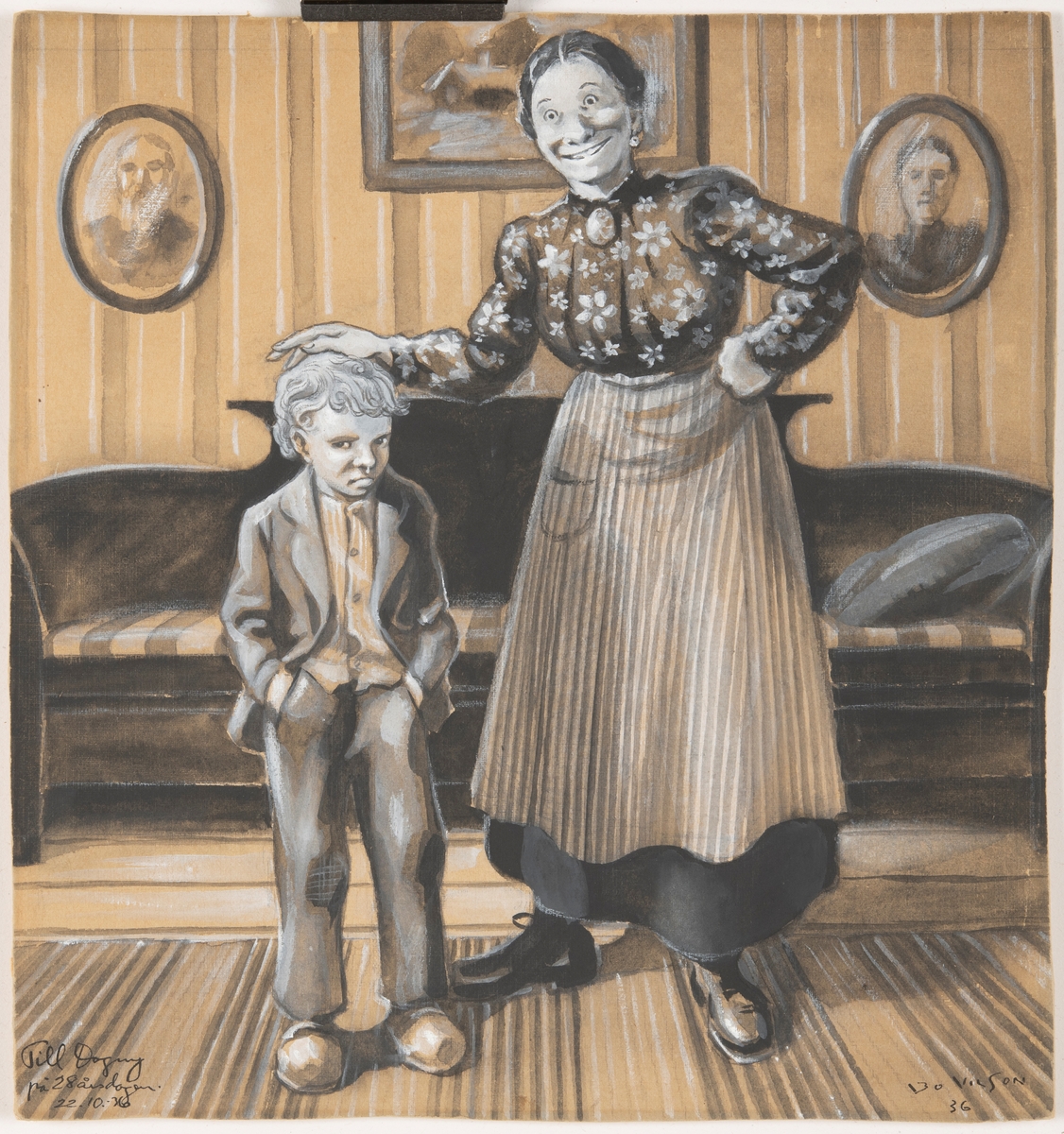 Illustration av dikten "Lelle Karl-Johan" av Gustaf Fröding, publicerad i "Stänk och flikar" 1896.

En kvinna och en pojke står vända mot betraktaren. Kvinnan håller sin hand på pojkens huvud och ser mycket uppsluppen ut, pojken har en sur min och snur rinner ur näsan. Bakom dem en soffa i i Karl johan-stil och fotografier i ovala ramar. Utifrån kläder och inredning ser bilden ut att illustera en scen tidigt 1900-tal.