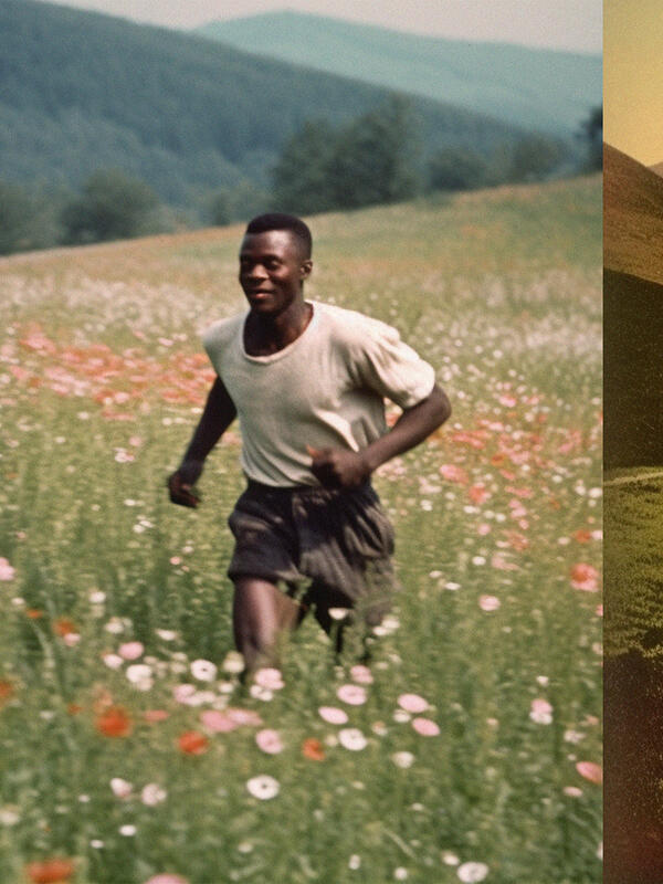 En mann løper gjennom en blomstereng. Man kan se at bakgrunnen er lagt på og at det opprinnelige bildets bakgrunn er helt annerledes.