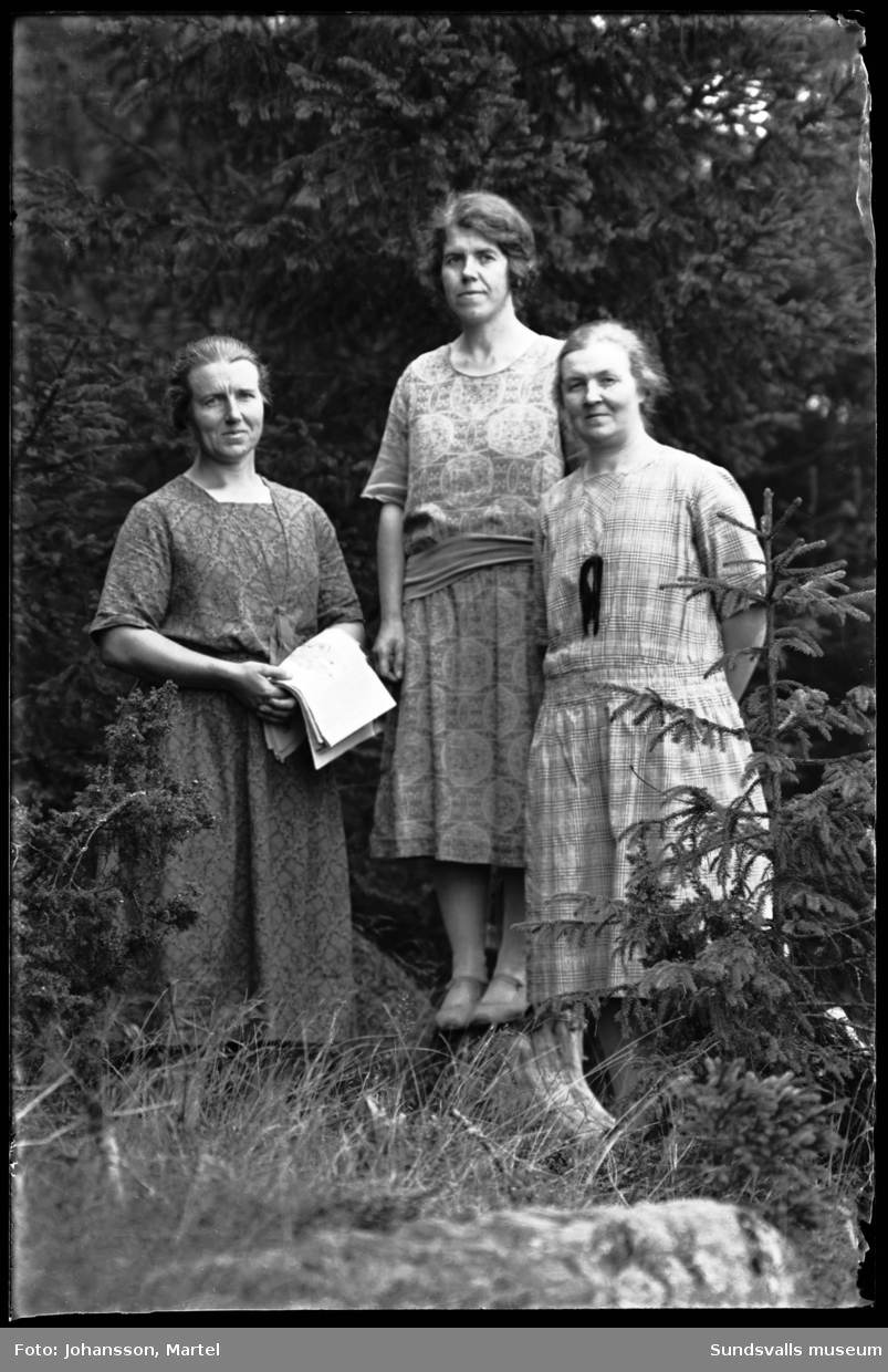 Porträtt i naturmiljö av fotografens tre systrar Märta Johansson, Johanna "Hanna" Johansson och Sigrid Persson. På bild två endast Märta från samma tillfälle.
