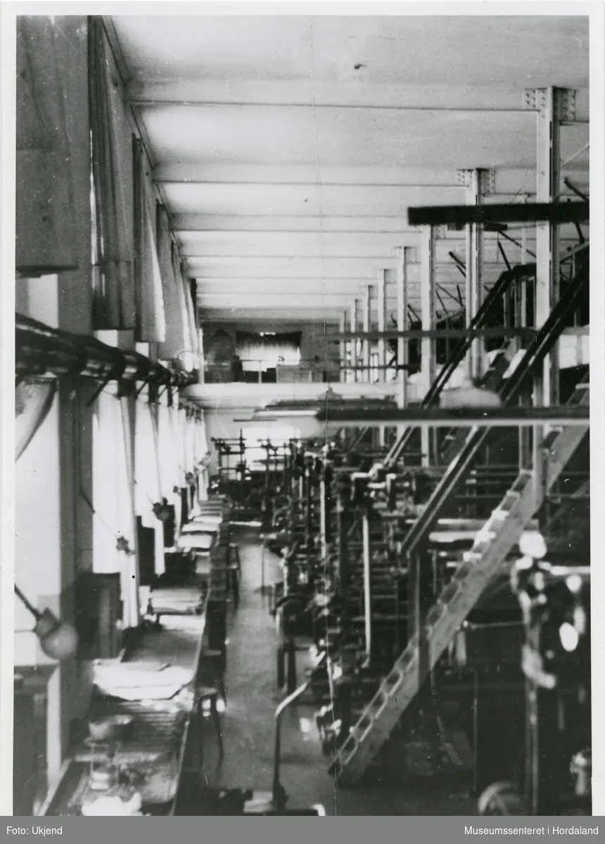 Interiørfoto frå Tangens Gardinfabrikk i Stockholm, våren 1956 før demonteringa.