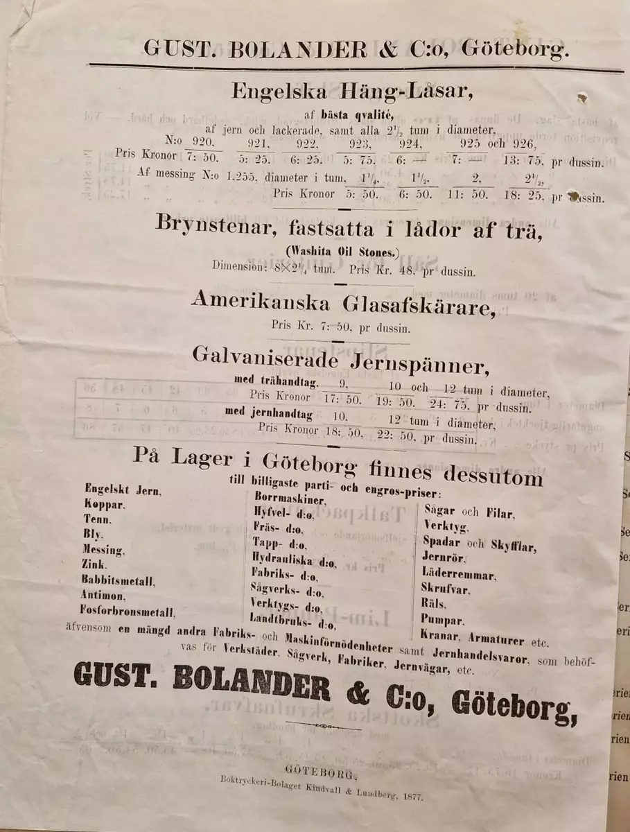 Priskurant från Gust. Bolander @ Co, Göteborg 15 sidor. Boktryckeri- Bolaget Kindvall & Lundberg 1877.