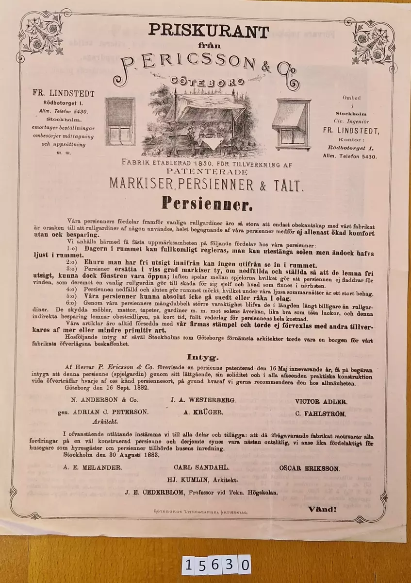 Priskurant från P. Ericsson & Co, Göteborg. Kontor i Stockholm, Rödbotorget 1. Daterad 16 sept 1882. tryckt hos Göteborgs Lithografiska Aktiebolag.
