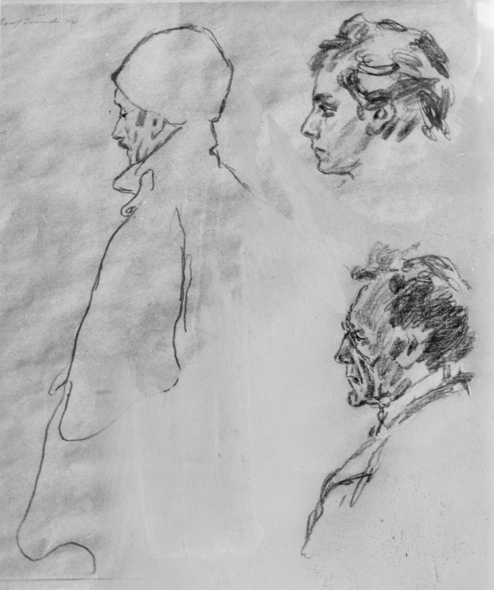 Repro: Billedhugger og maler Rolf Lundes tegning av Thv. Erichsen, fiolinisten Mons M. Lie og hans far Mons Lie