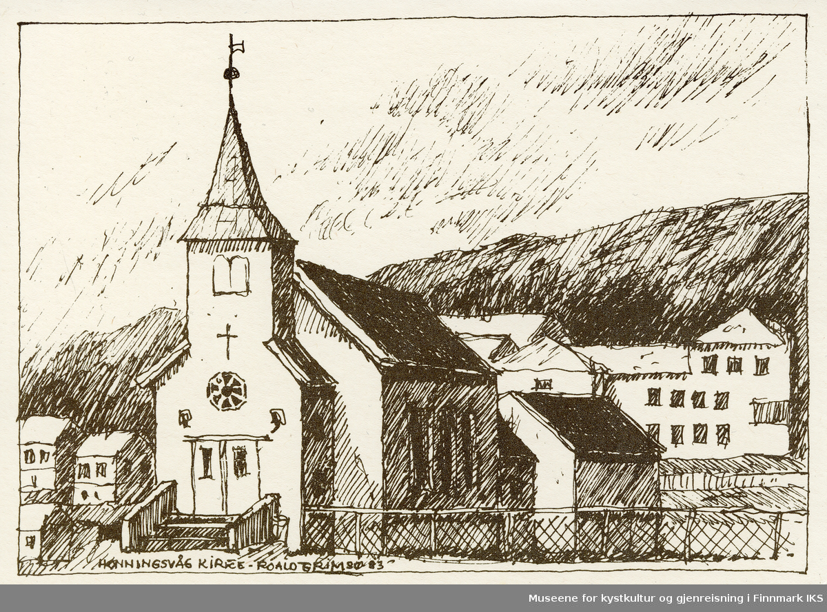 Postkort/dobbeltkort. Honningsvåg kirke. Tusjtegning av billedkunstner Roald Grimsø. 1983.