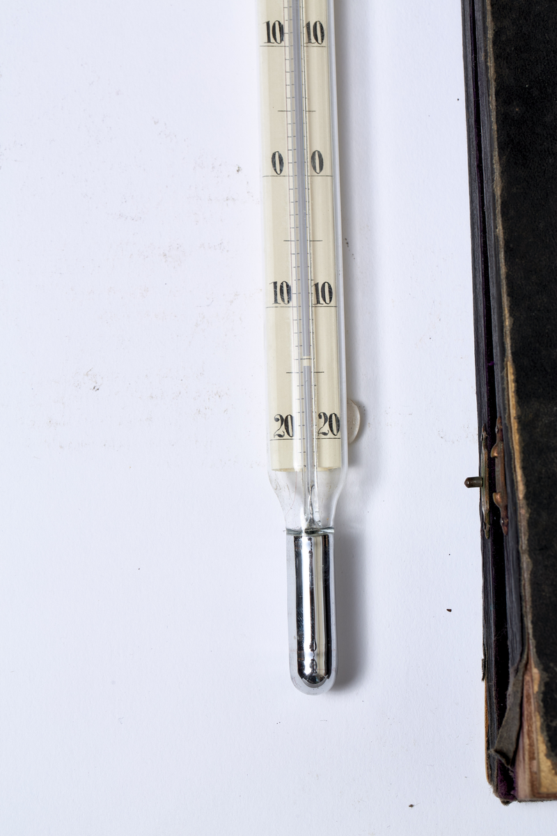Alkometer eller spritmåler, brukt til å måle alkoholmengden i brennevin. Nevnt i innholdsfortegnelsen fra 1928 hos Hjeld Brænderi, se TM-13374
a) Alkometeret
b) Etuiet
