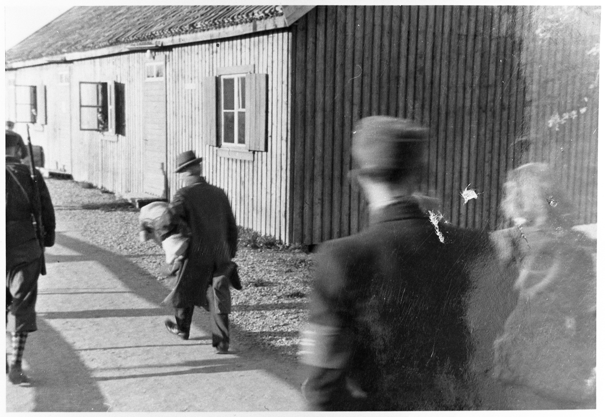 Fra Kjølset gård på Skreia i maidagene 1945. NS-arrestanter. En HS-soldat med armbind følger en kvinnelig og en eldre mannlig arrestant til fangebrakka.