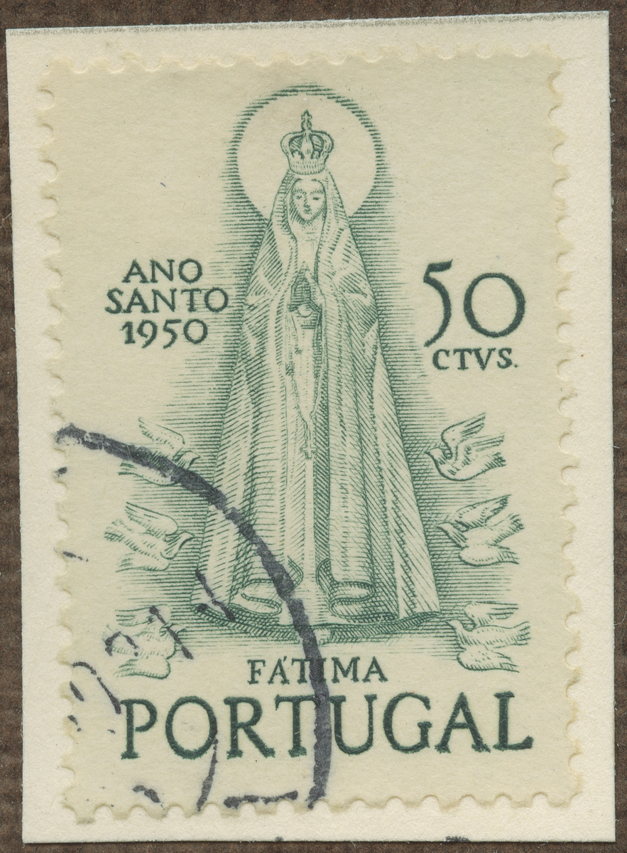 Frimärke ur Gösta Bodmans filatelistiska motivsamling, påbörjad 1950.
Frimärke från Portugal, 1950. Motiv av Madonna Fatima Det Heliga året