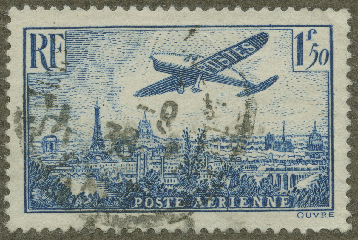 Frimärke ur Gösta Bodmans filatelistiska motivsamling, påbörjad 1950.
Frimärke från Frankrike, 1936. Motiv av postflygplan över Paris