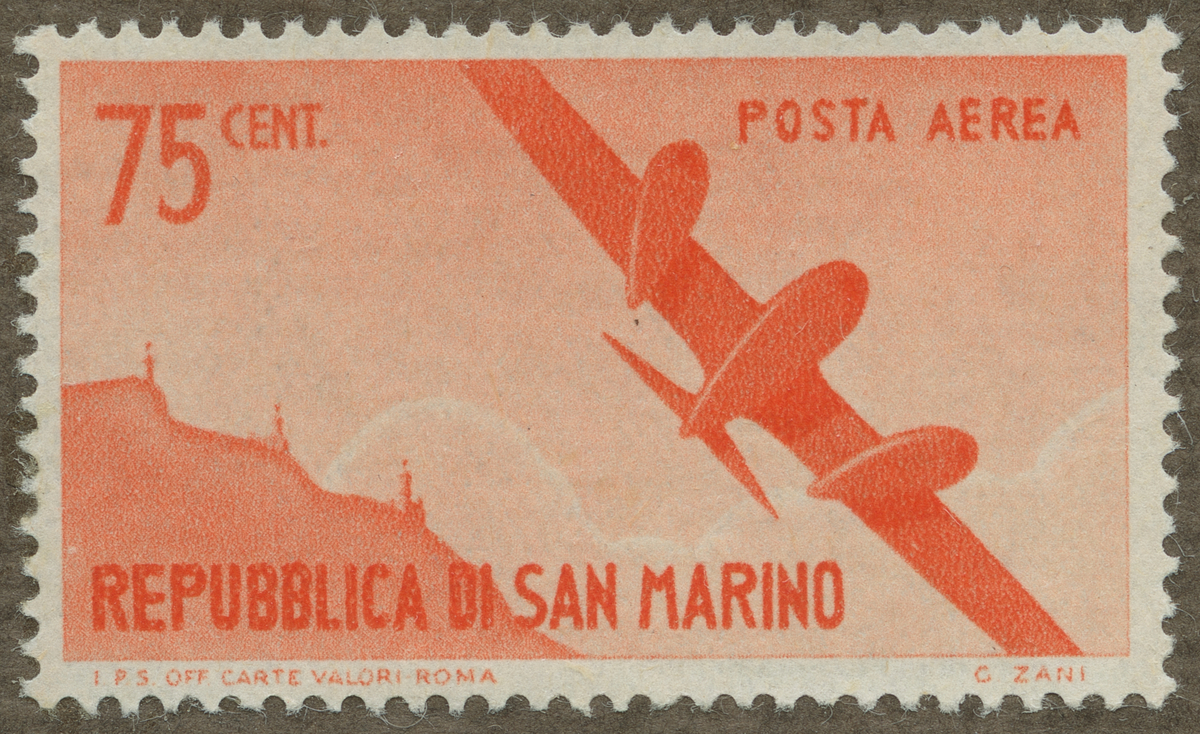 Frimärke ur Gösta Bodmans filatelistiska motivsamling, påbörjad 1950.
Frimärke från San Marino, 1946. Motiv av Tvåmotorigt postflygplan över San Marino klippan.
