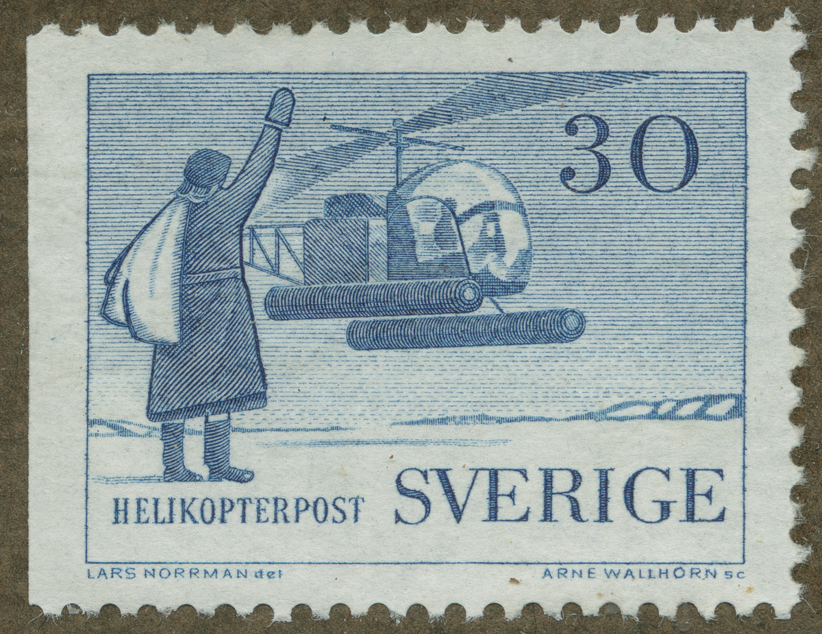 Frimärke ur Gösta Bodmans filatelistiska motivsamling, påbörjad 1950.
Frimärke från Sverige, 1958. Motiv av Helikopter post -10-årsminne av helikopterpost- 1948-1958.