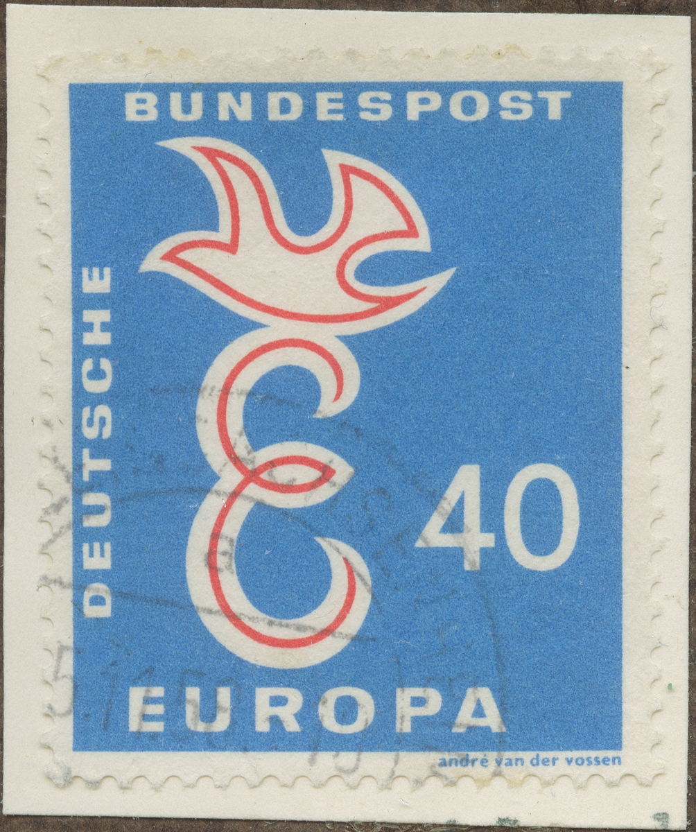 Frimärke ur Gösta Bodmans filatelistiska motivsamling, påbörjad 1950.
Frimärke från Tyskland, 1958. Motiv av "E" med fredsduva