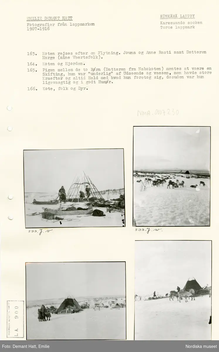 Arkivark med monterade fotografier tagna av Emilie Demant Hatt. Bilderna ingår i en serie fotografier tagna i Lappland, Sapmi mellan åren 1907 och 1916.