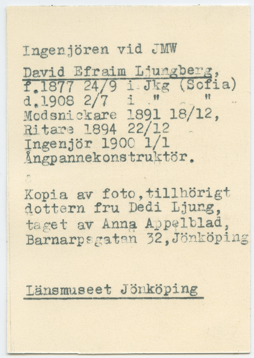 Porträtt på David Efraim Ljungberg. Ingenjör vid Jönköpings mekaniska verkstad.