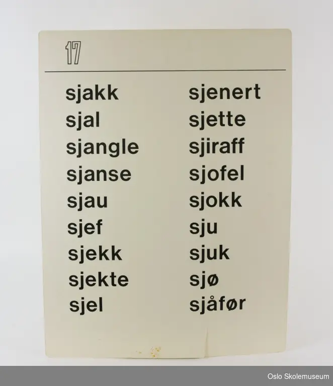 Plansje som hører til plansjeverket "Skriv rett" av Sigrun Vormeland som hører til "Steg for steg i norsk". På den ene siden er det trykket "16" og på andre siden "17". På begge sider er det trykt ord.