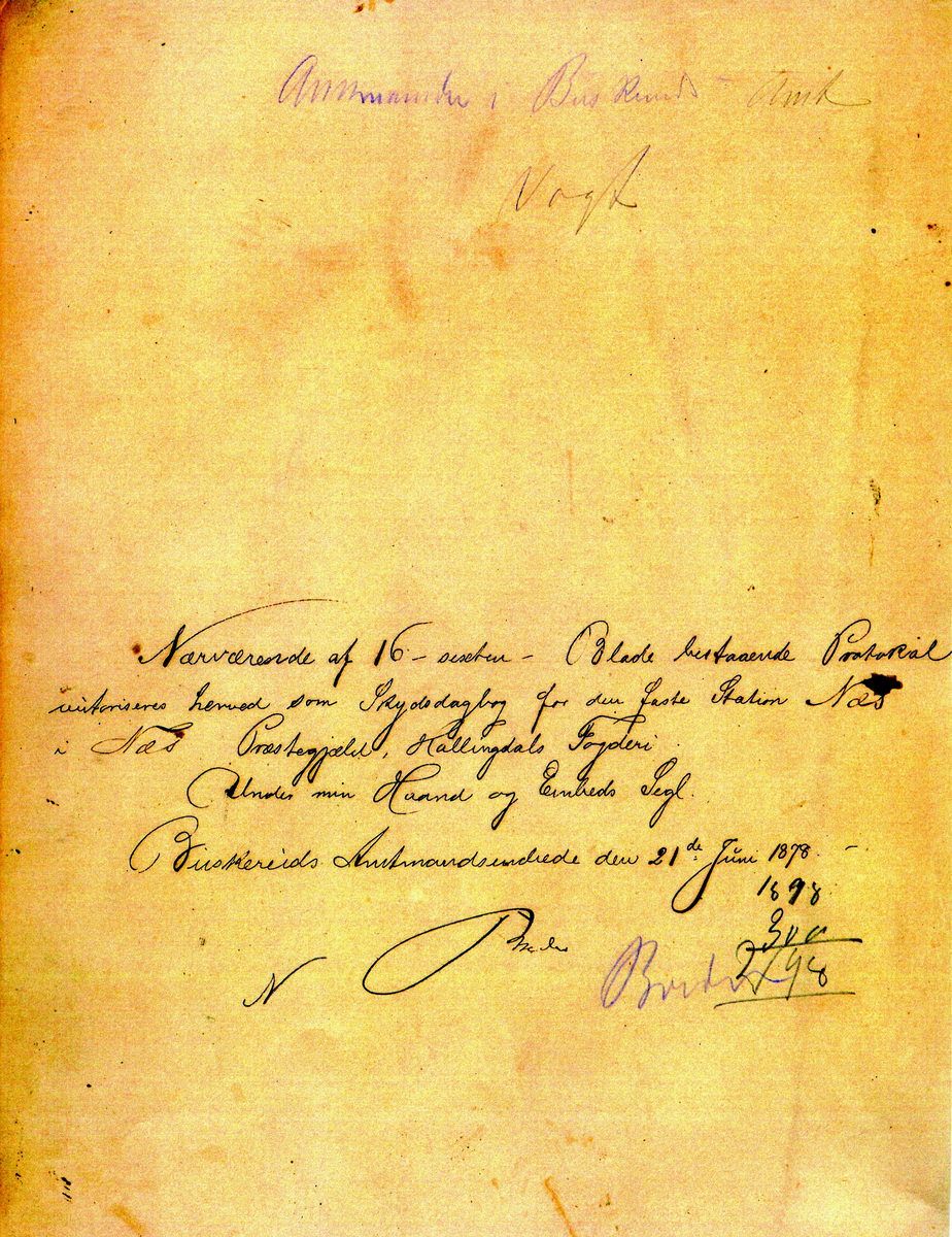 Dokument. Dagbog for faste skydsstation Nes Sogn, Hallingdal Fogderi, undertegnet 21.de juni 1878
