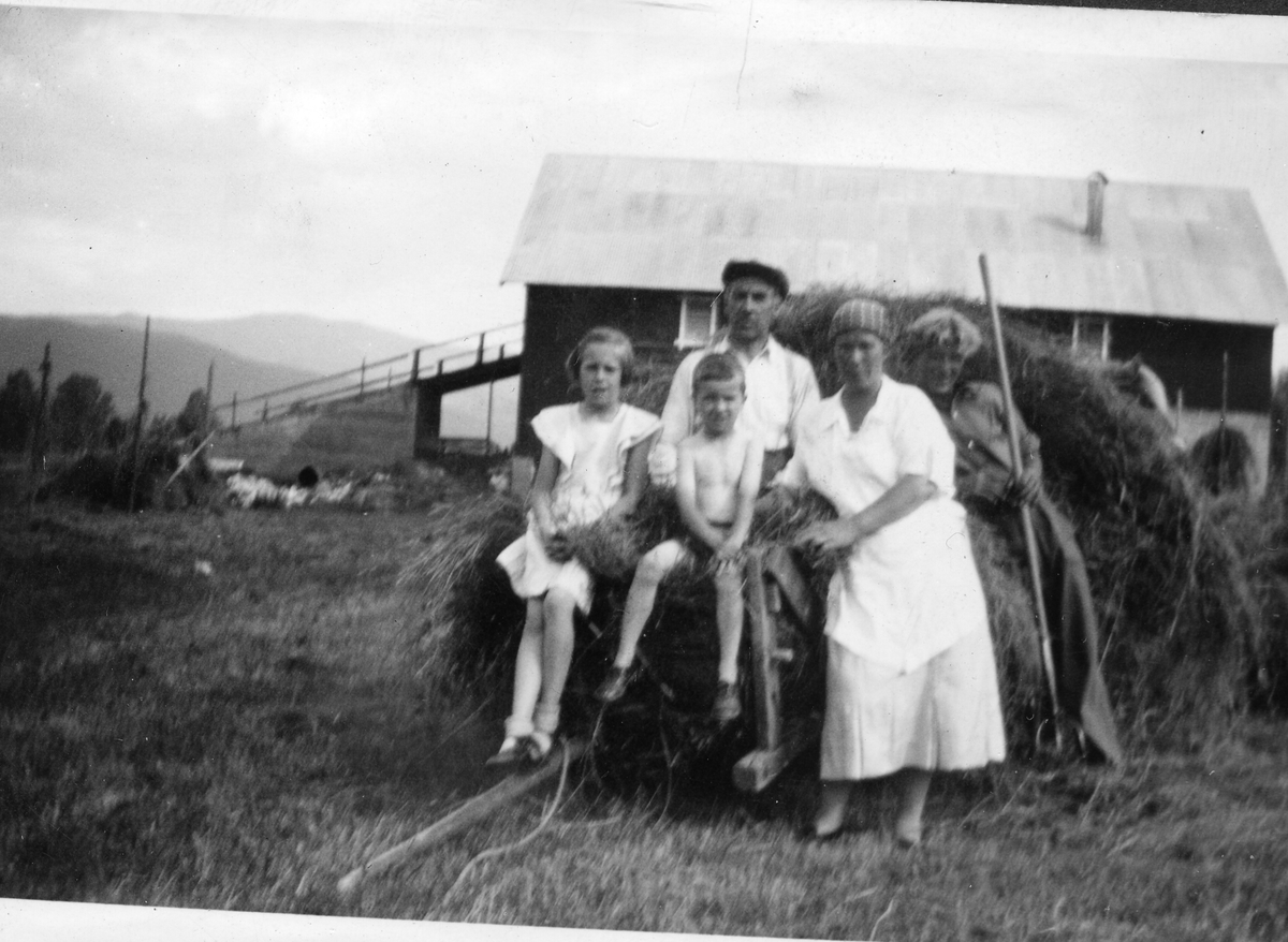 Slåttonn
Slåtten i 1938. Aud Myre foran til v., Per- Egil Myre til høyre, Tor Myre bak, Marie Myre foran til høyre. Ukjent slåttekar.
