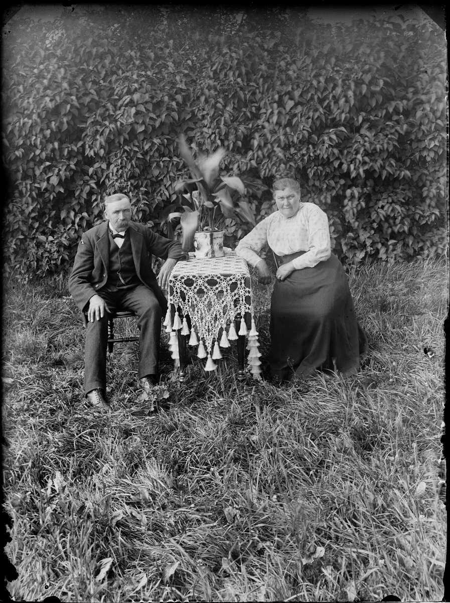Äldre man och kvinna sittandes i trädgård, Alunda, Uppland