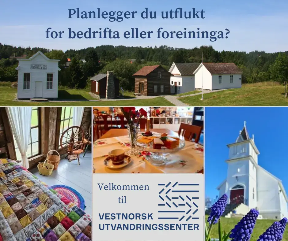 Bildekollage gruppetur, Prærielandsbyen, seng med lappeteppe og Emgrantkyrkja med blå himmel og kafebord kafeen Emigranten