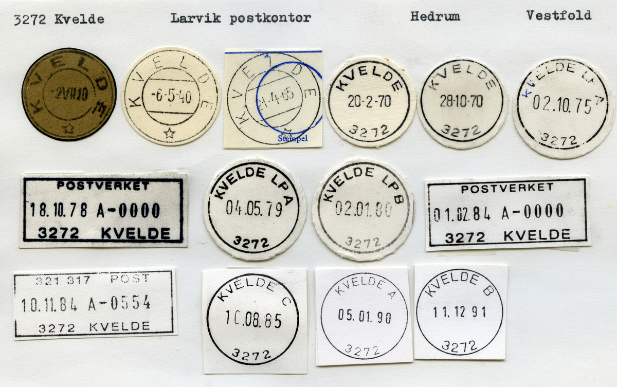 Stempelkatalog, 3272 Kvelde, Larvik postkontor, Hedrum, Vestfold.