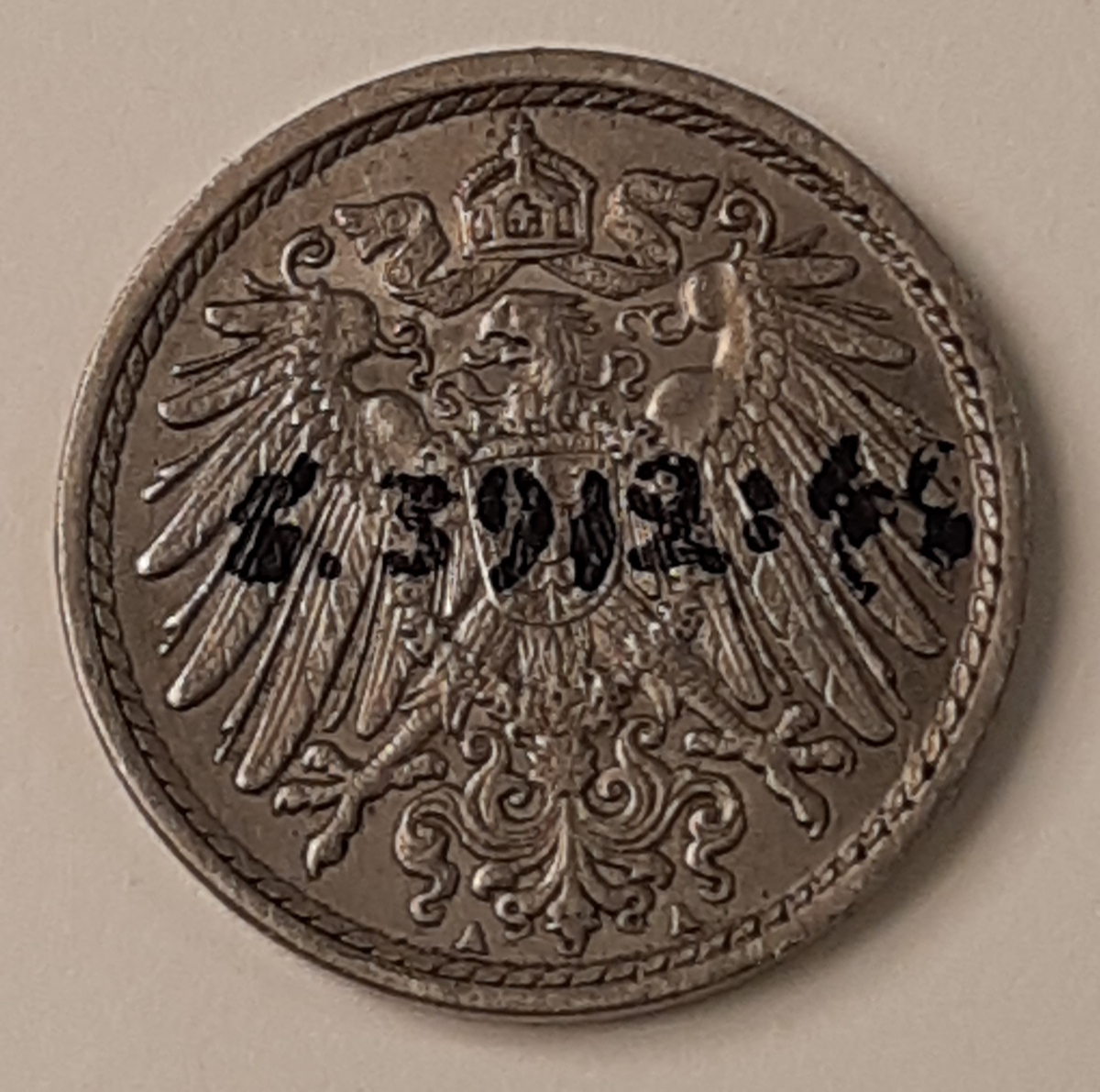 Tyskt kopparmynt, 5 pfennig från 1875.